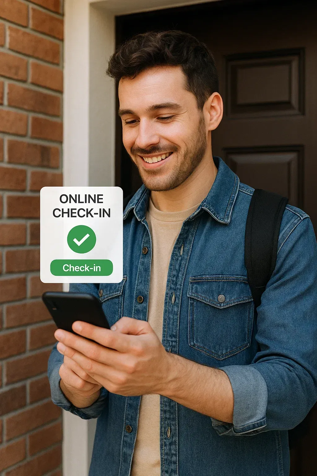 Un hombre sonríe mientras realiza el check-in online con su teléfono, junto a un cartel que dice 