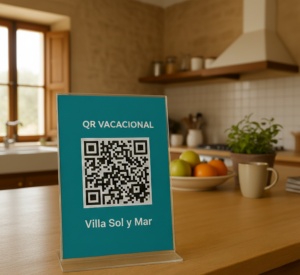 Letrero con código QR de Villa Sol y Mar en el mostrador de la cocina.