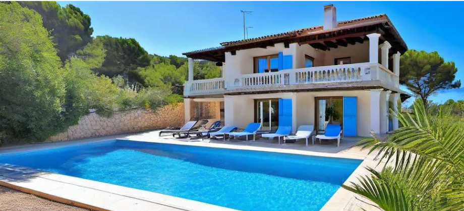Villa de dos plantas con piscina, persianas azules y tumbonas, situada entre árboles en un día soleado.