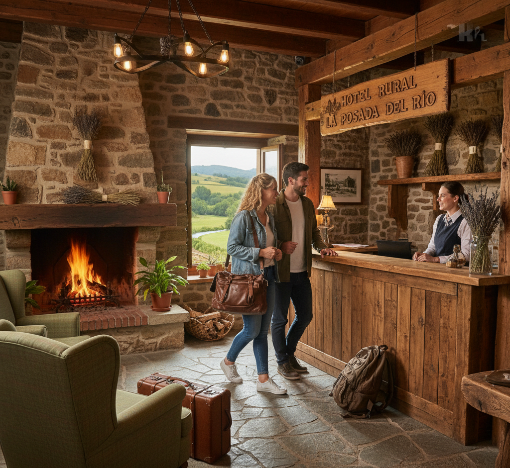 Una pareja se registra en la recepción de un hotel rústico con chimenea, paredes de piedra y manojos de lavanda.