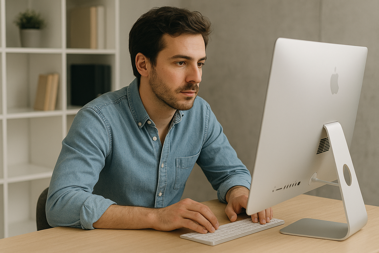 Persona joven con cabello castaño y rizado, vistiendo un jersey de cuello alto amarillo, mano en la barbilla, fondo naranja.