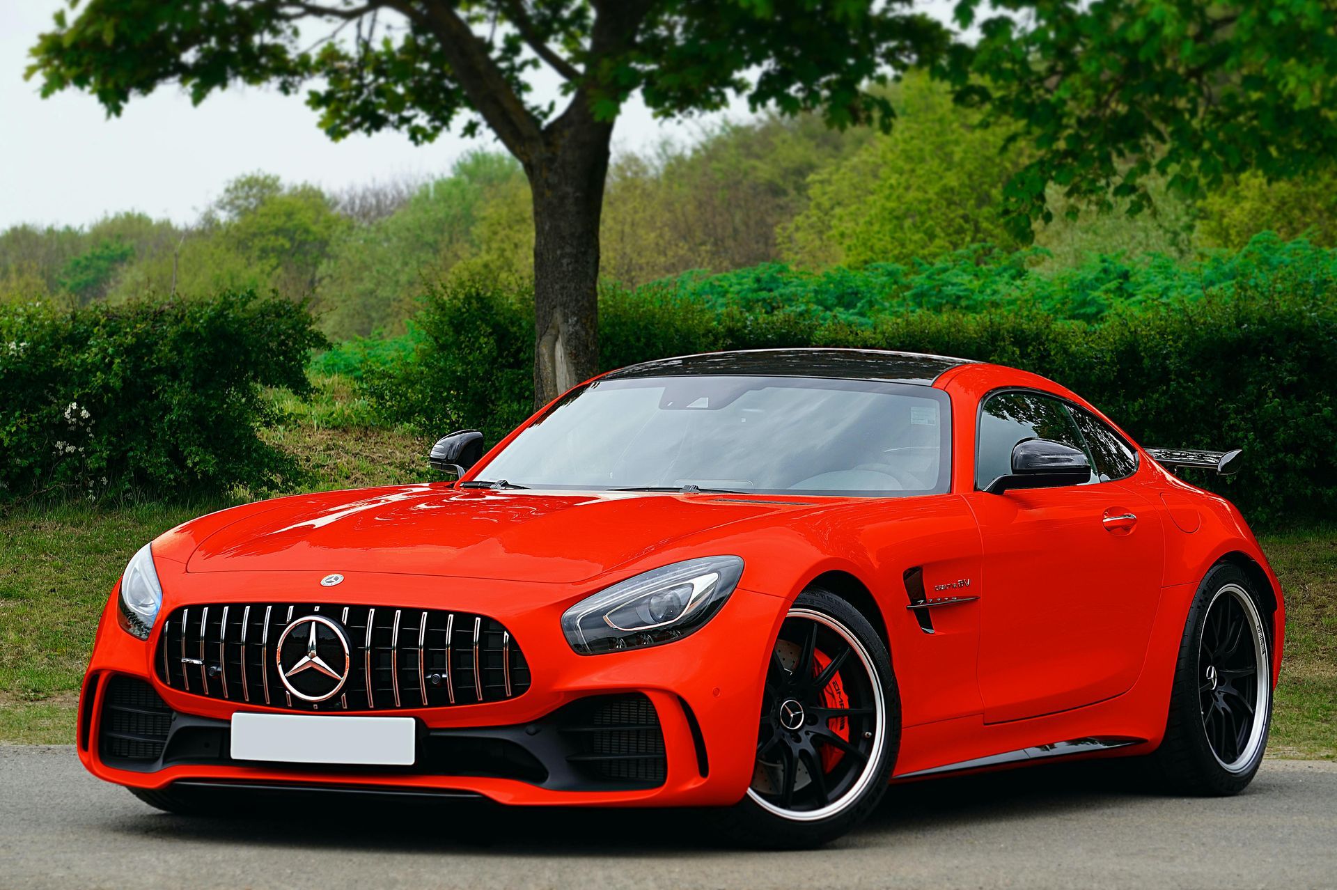 Coche deportivo Mercedes-AMG GT de color rojo aparcado al aire libre; ruedas negras, techo de color oscuro, árbol al fondo.