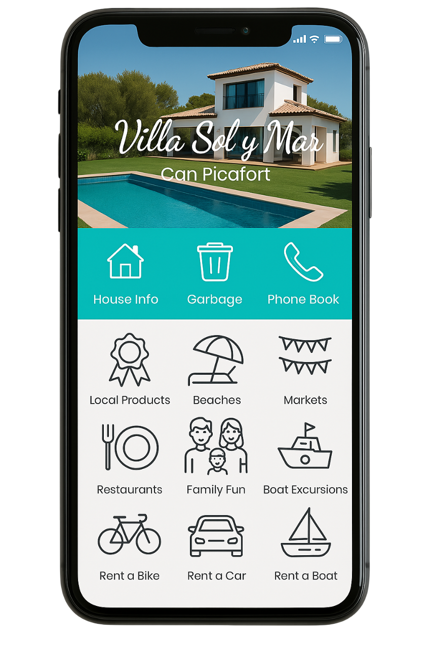 Aplicación móvil para Villa Sol y Mar en Can Picafort, con iconos para información, basura, teléfono, actividades y más.