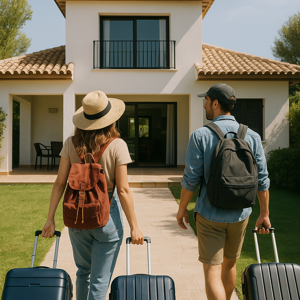 Pareja caminando hacia una casa con equipaje, mochilas, sombrero de paja y tonos neutros.