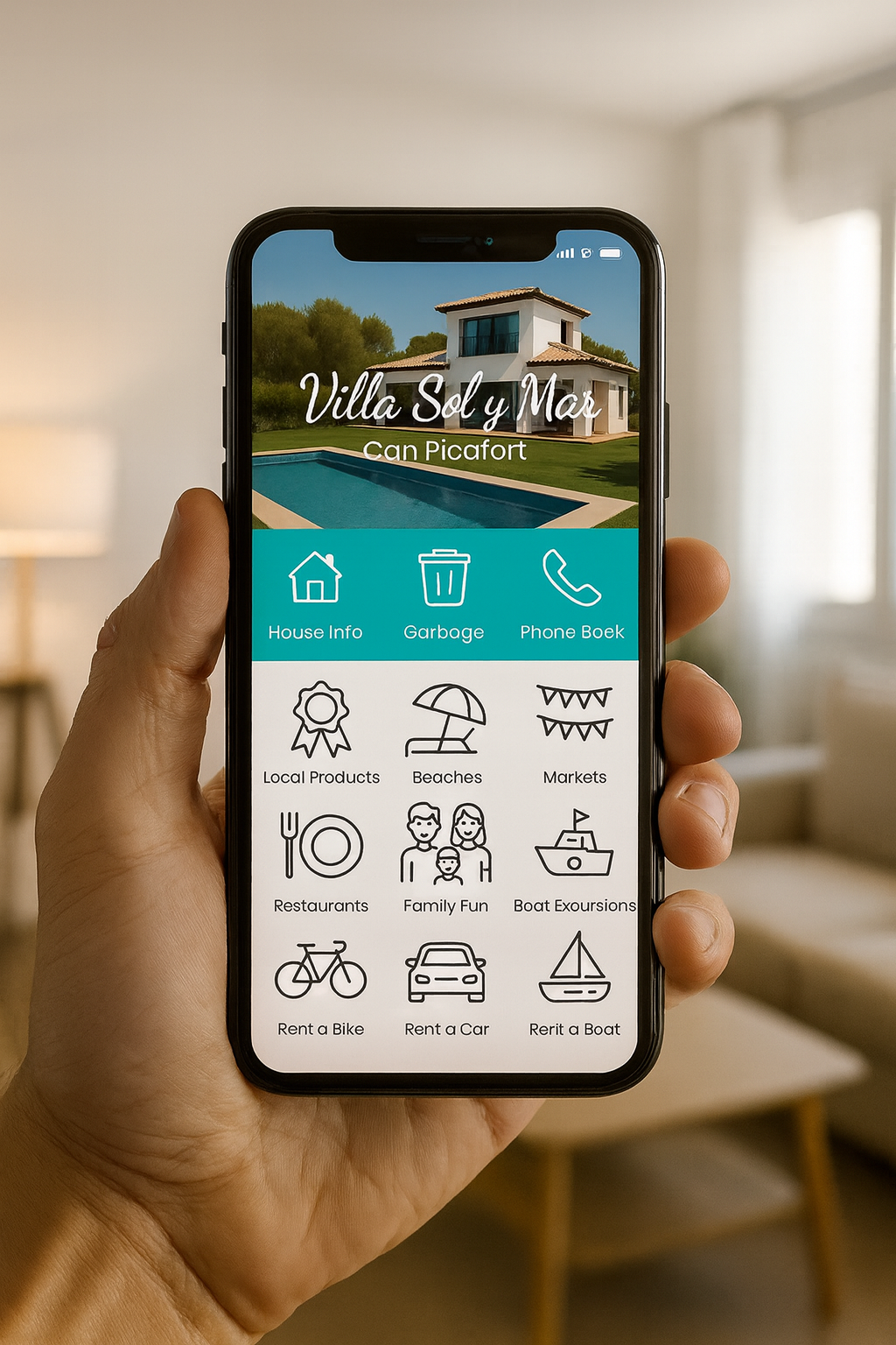 Mano sosteniendo un teléfono que muestra una aplicación de alquiler vacacional con varias opciones de íconos.