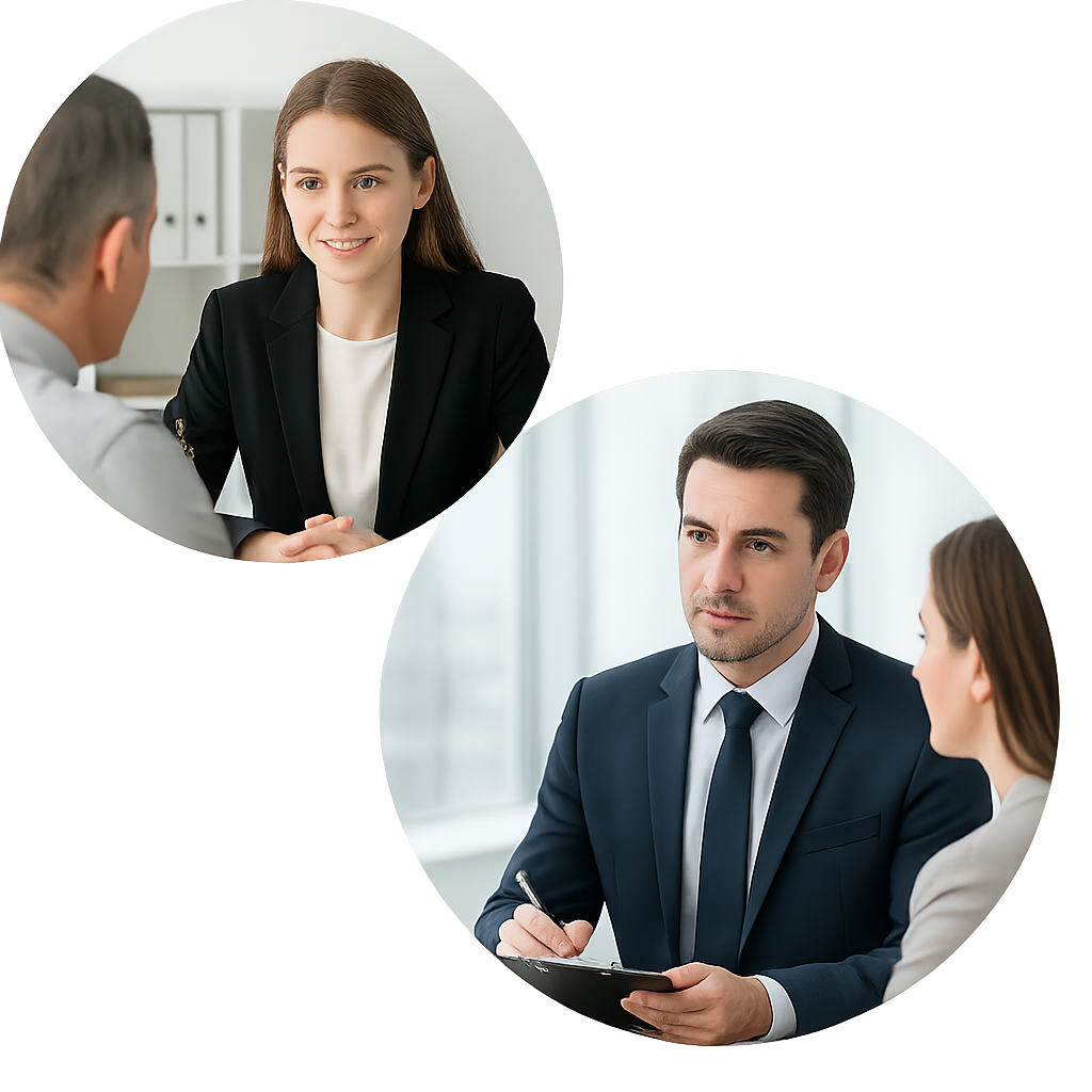 Computer portatile che mostra il sito web di uno studio legale con due uomini in giacca e cravatta in una cornice circolare, a simboleggiare la consulenza legale.