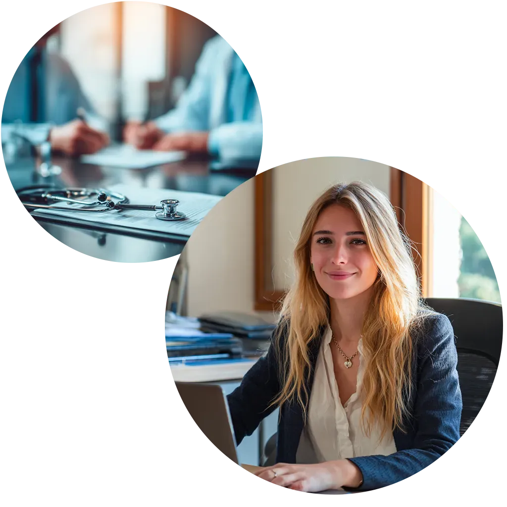 Computer portatile che mostra il sito web di uno studio legale con due uomini in giacca e cravatta in una cornice circolare, a simboleggiare la consulenza legale.