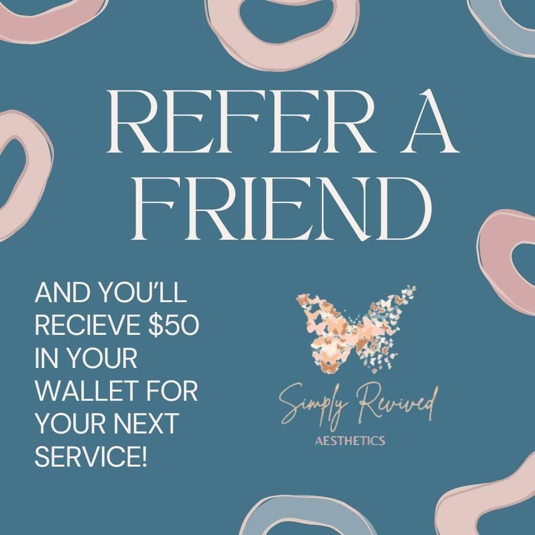 Refer a friend promotion. Text on a teal background with pastel shapes. Get $50 in your wallet for your next service