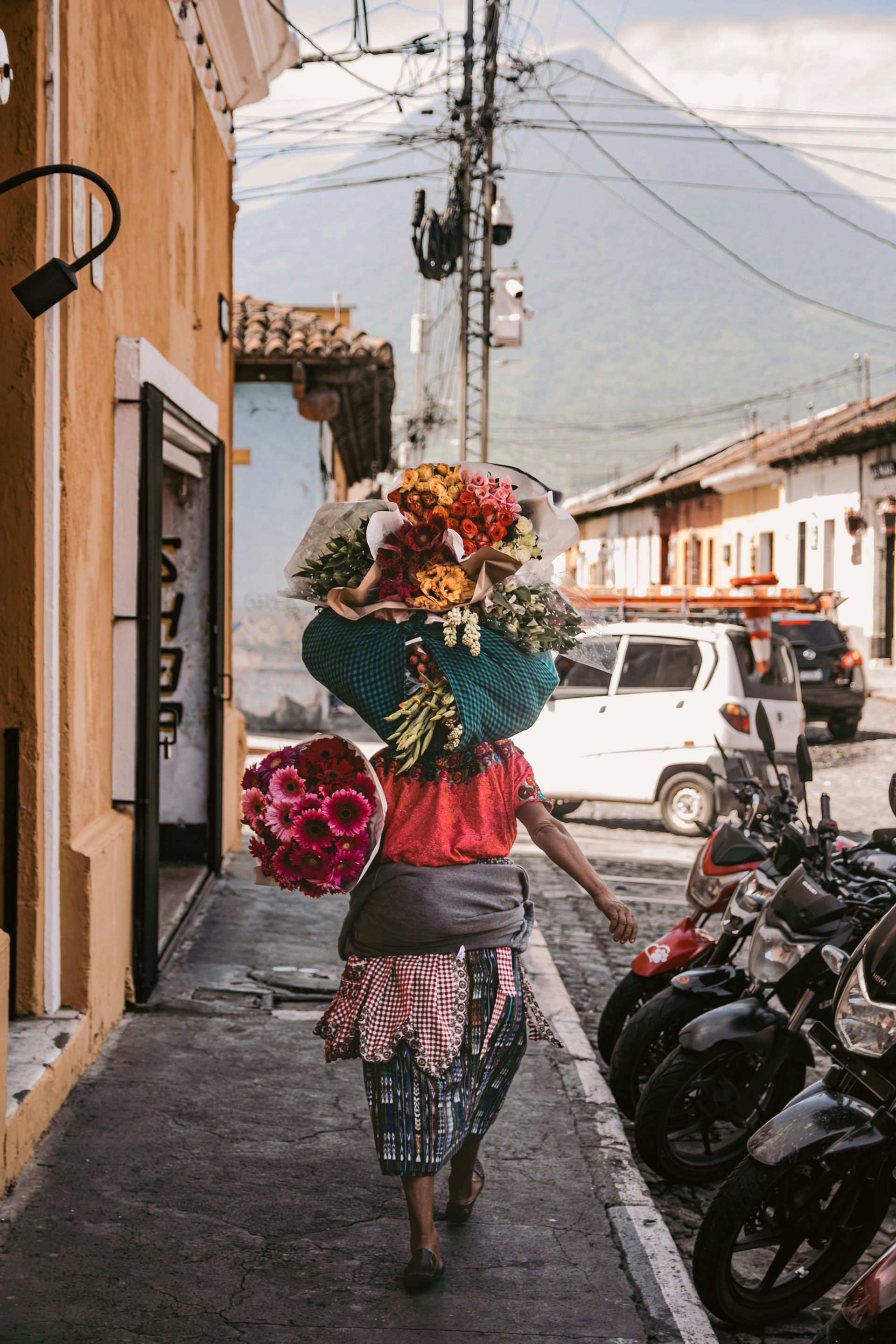 Photo of woman carrying a large bucket of flowers on her head with mountain in background