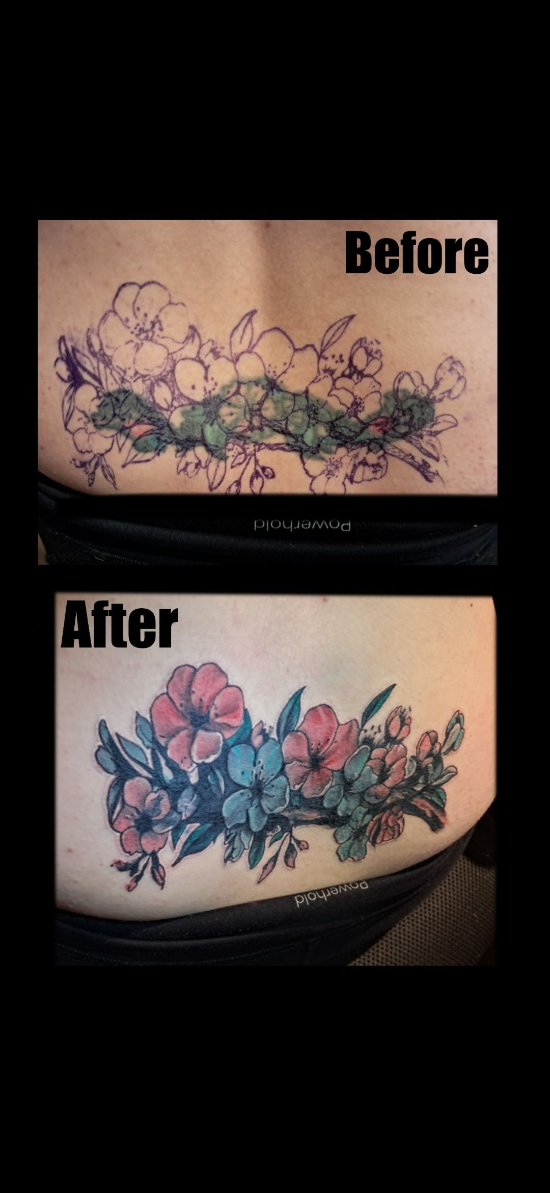Before-and-after tattoo: Floral design on skin. The old tattoo is pale, while the new one is vibrant.
