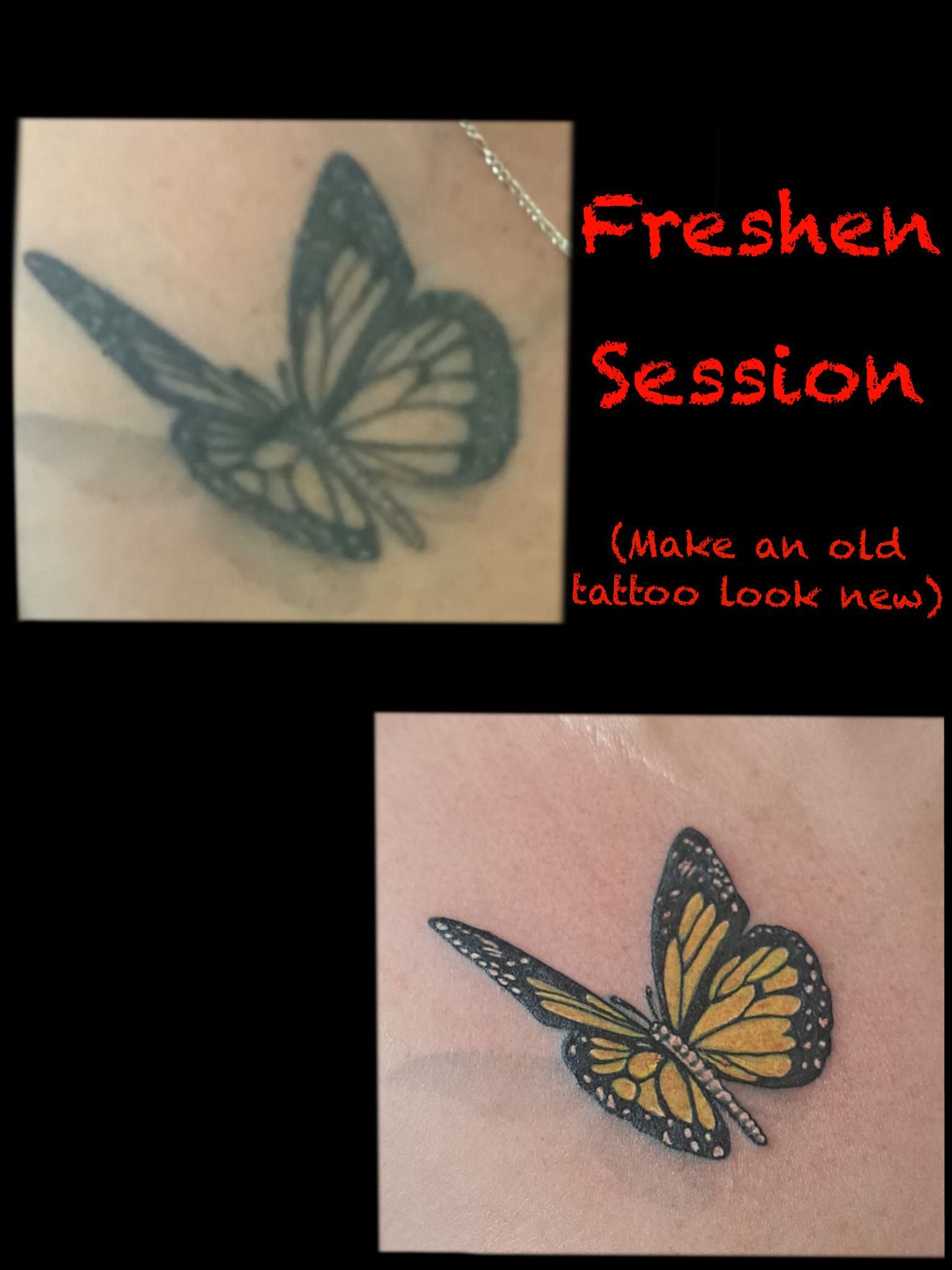 Before/after of butterfly tattoo: faded black and white vs. vibrant yellow, orange, and black.