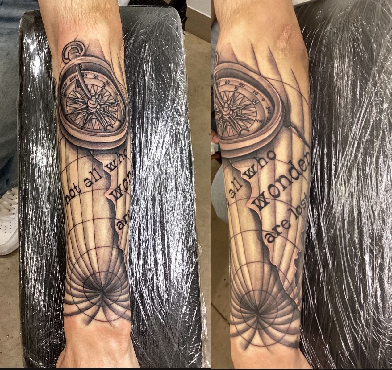 Tattoo of a compass, map lines, and quote on a forearm: 