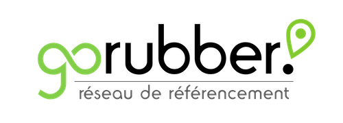 Logo pour Go Rubber, un réseau de référence, avec un symbole d'infini vert et une épingle de localisation.