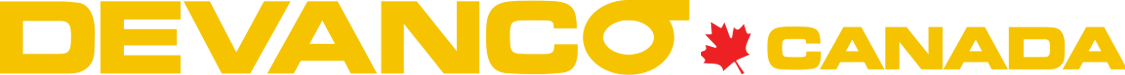 Logo de Devanco Canada en or avec une feuille d'érable rouge.