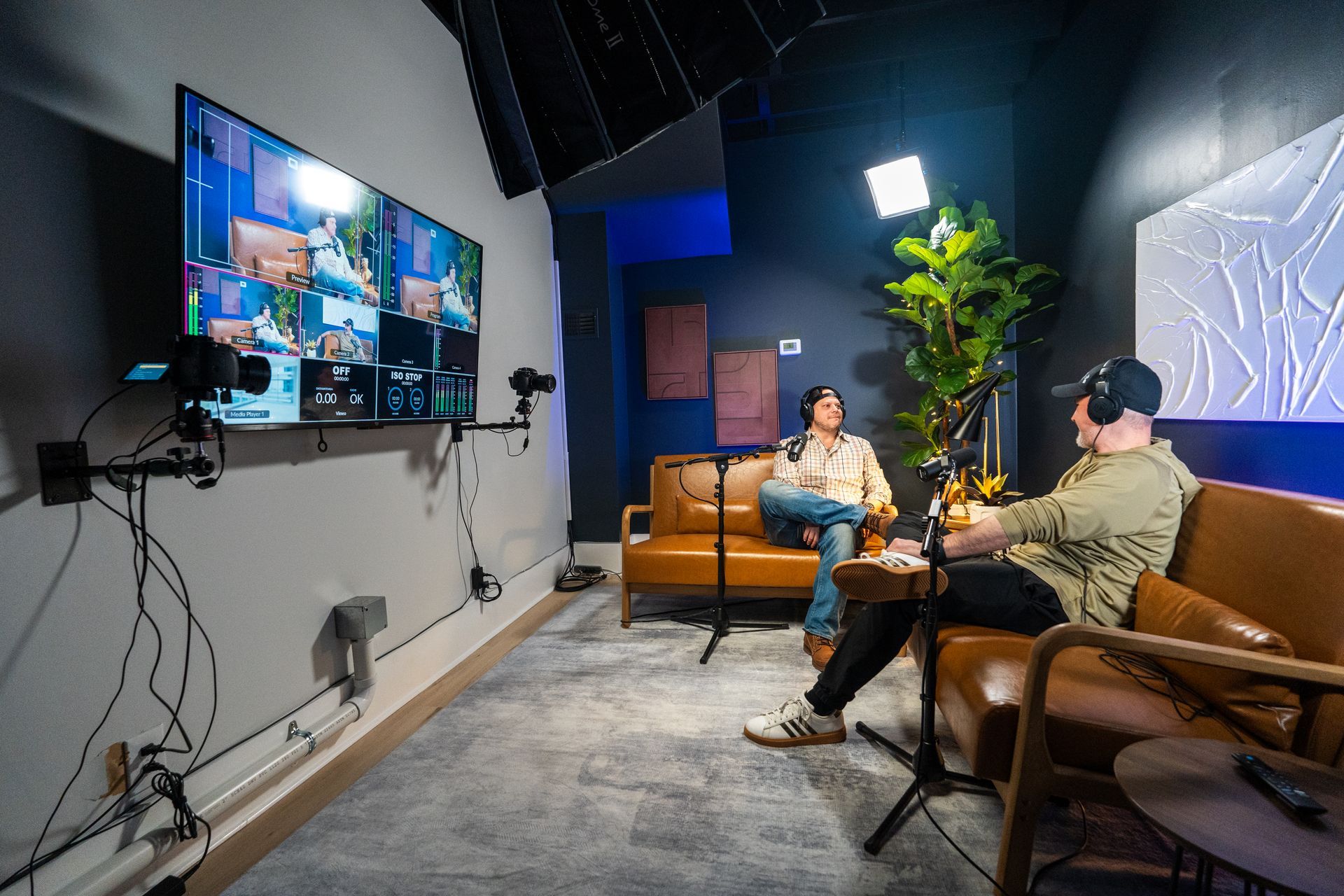 Two men recording a video podcast at NJ Content Studio