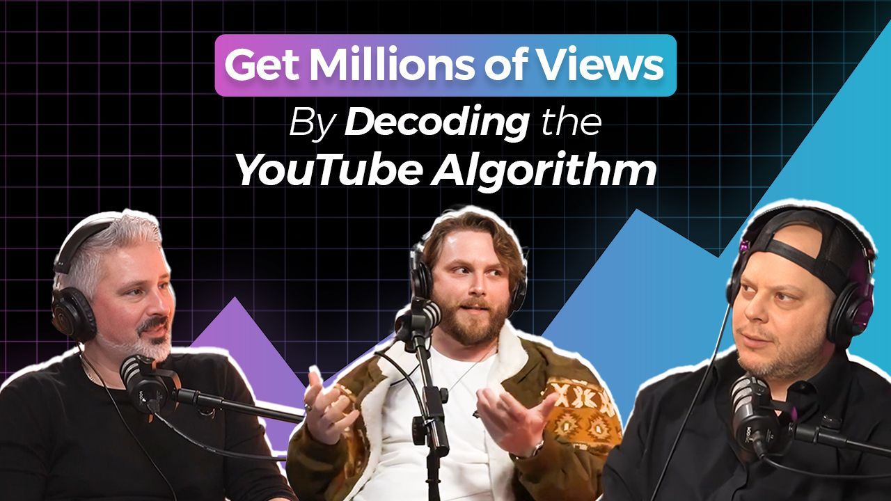 Three men are sitting in front of microphones with the words