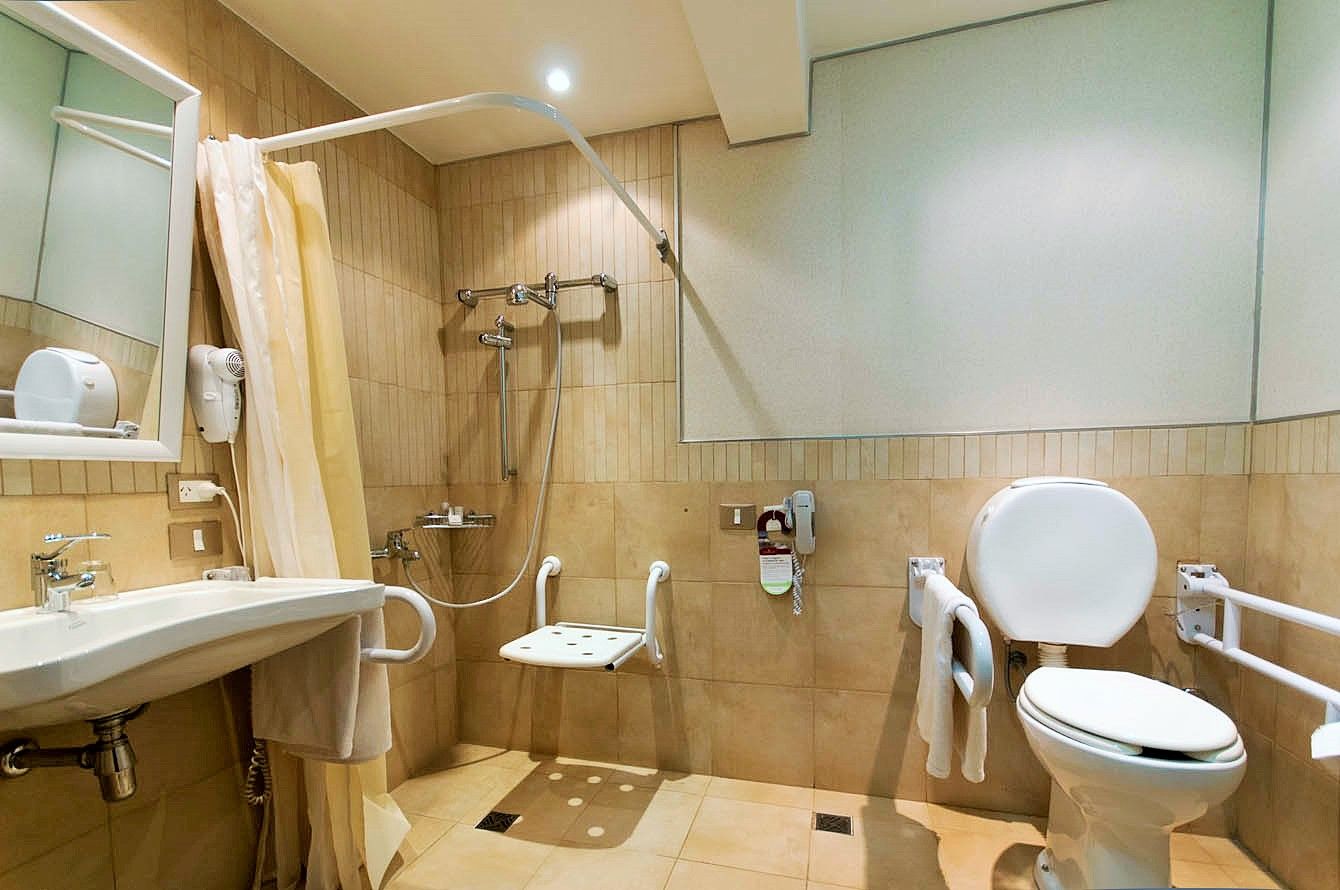 Un baño para discapacitados con inodoro, lavabo y ducha.