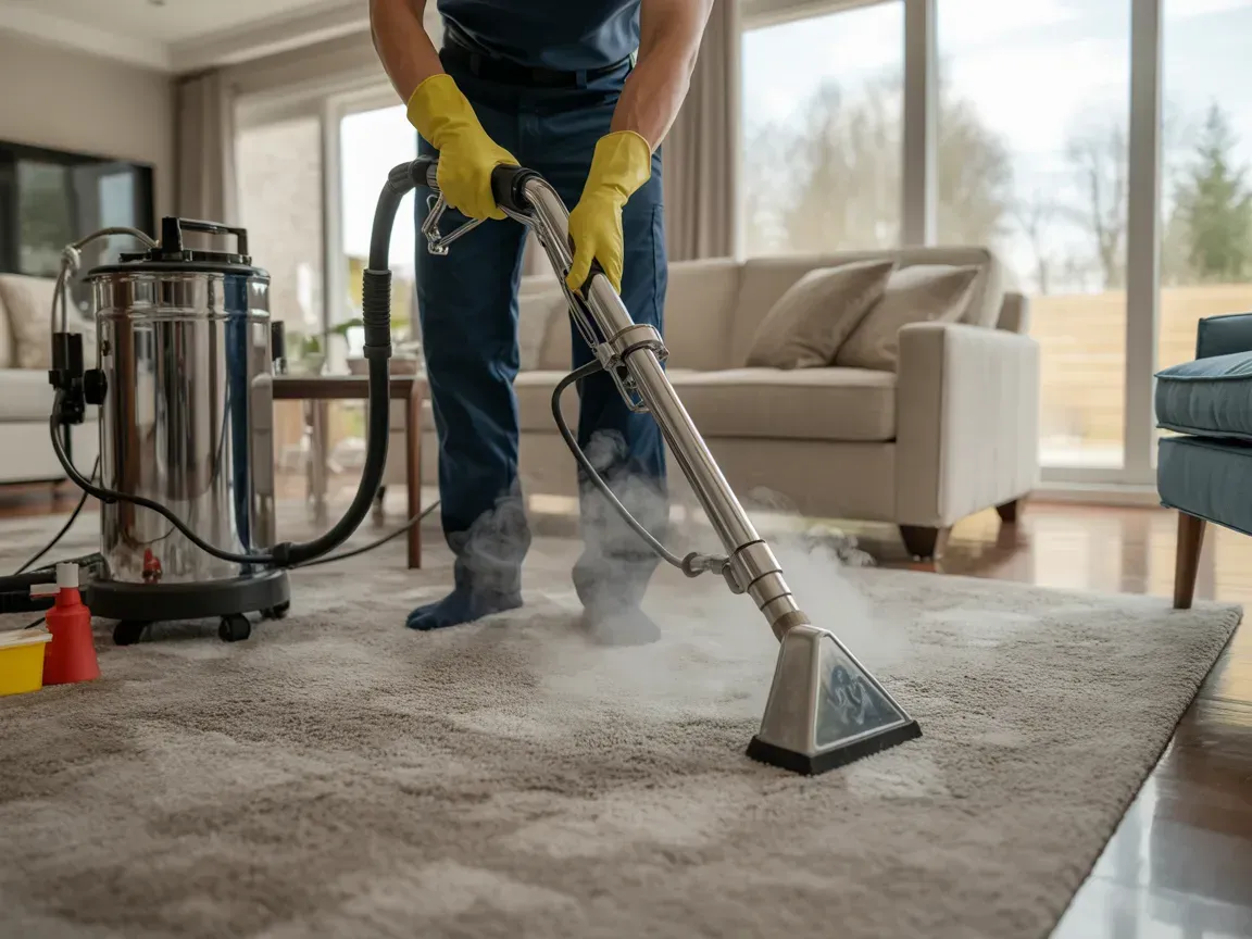 A professional cleaner in yellow gloves uses a steam extraction machine to clean a gray carpet in a living room.