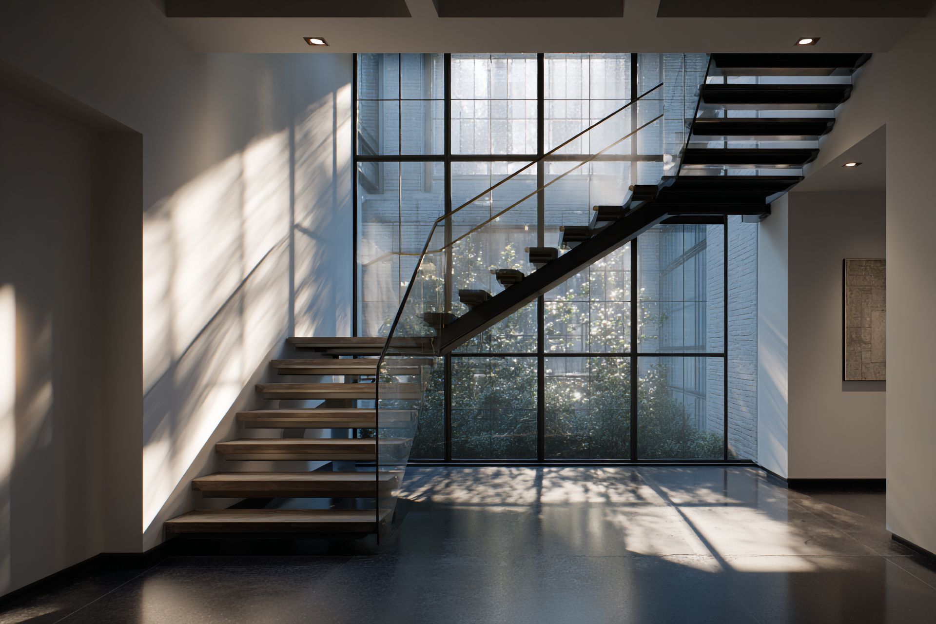 Modern interior with a floating staircase, large windows, and sunlight casting shadows.