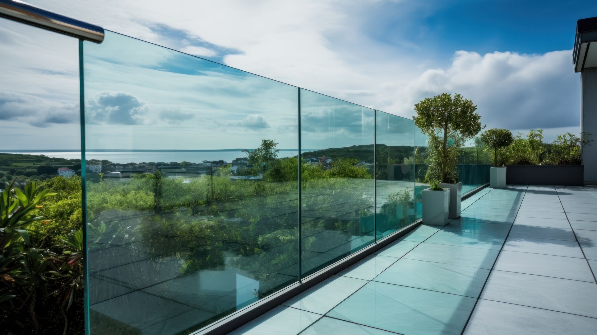 Glass railing on a deck with a view of a body of water and greenery under a blue sky.