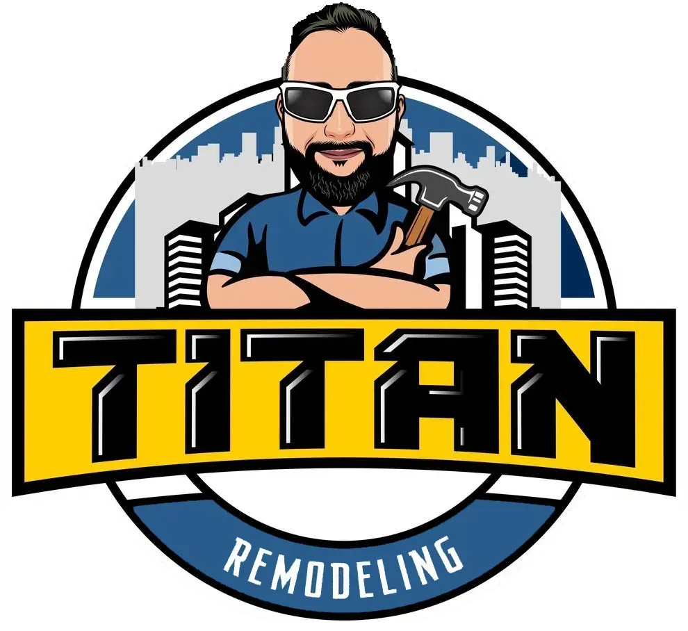 Logo for Titan Remodeling with a cartoon man holding a hammer. Yellow and blue with city skyline.