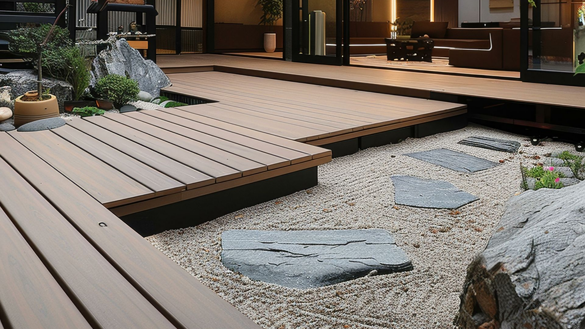 Japanese-style courtyard with wooden deck, stone pathway, and open doors to a living room with a hanging light.