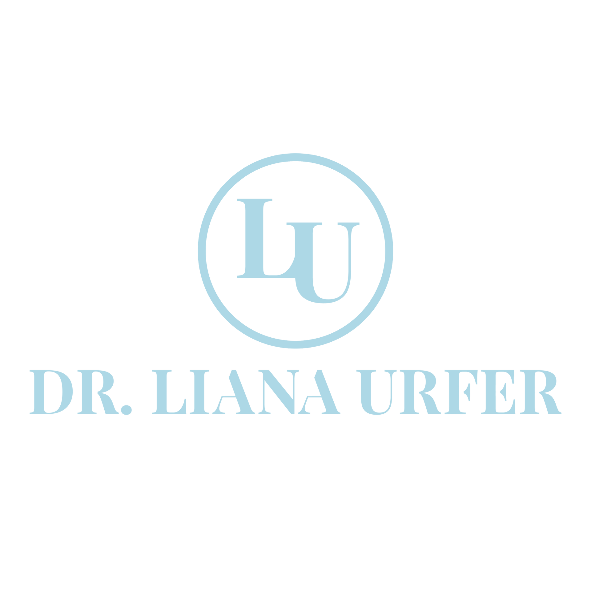 The logo for dr. liana urfer is a blue logo with the letter u in a circle.