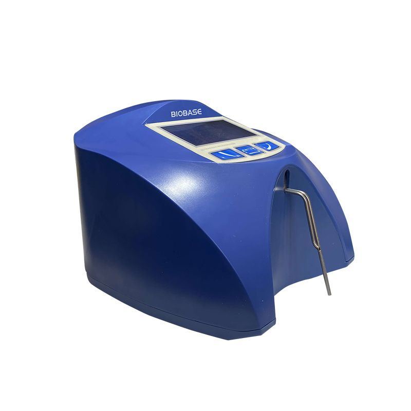 Dispositivo médico azul con pantalla, botones y sonda metálica.