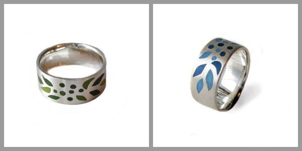 Handgemaakt zilveren ringen met blaadjes in verschillende kleuren van Karen Klein edelsmid