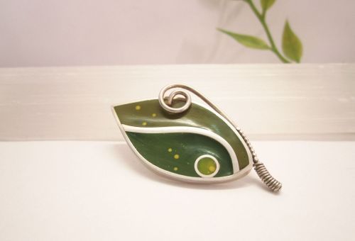 Broche zilver blad groei groen koud-emaille