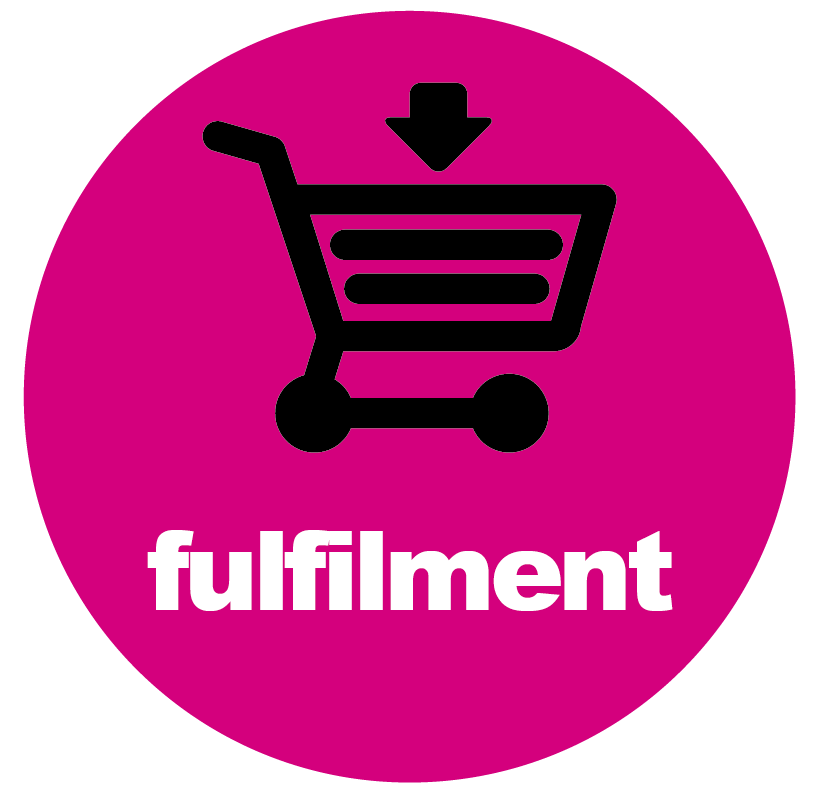 A pink circle with a shopping cart and the word fulfilment
