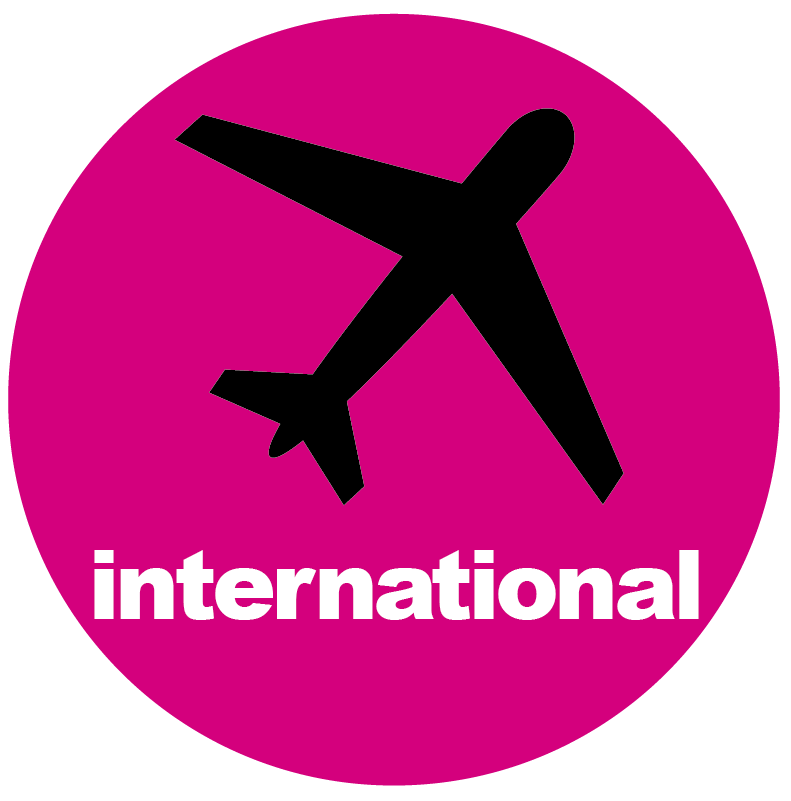 A pink circle with an airplane and the word international