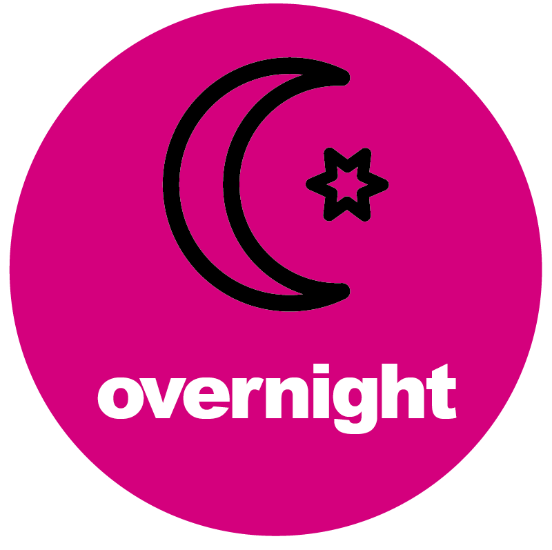 A pink circle with the word overnight on it
