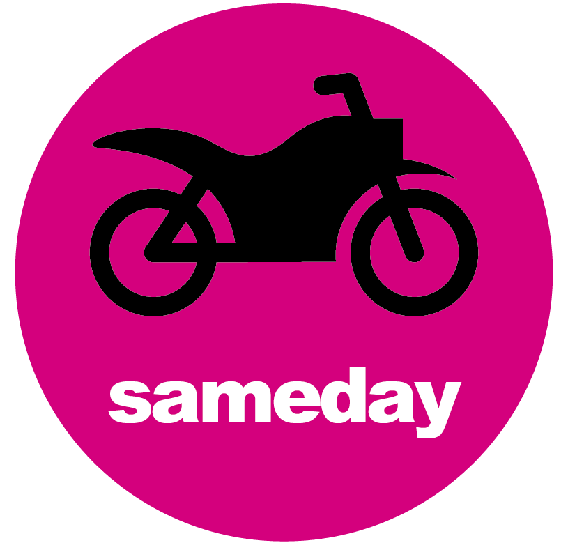 A pink circle with a motorcycle and the word sameday