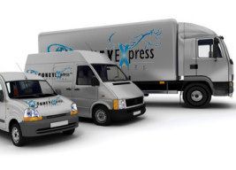 Three vans and a truck are parked next to each other on a white background.