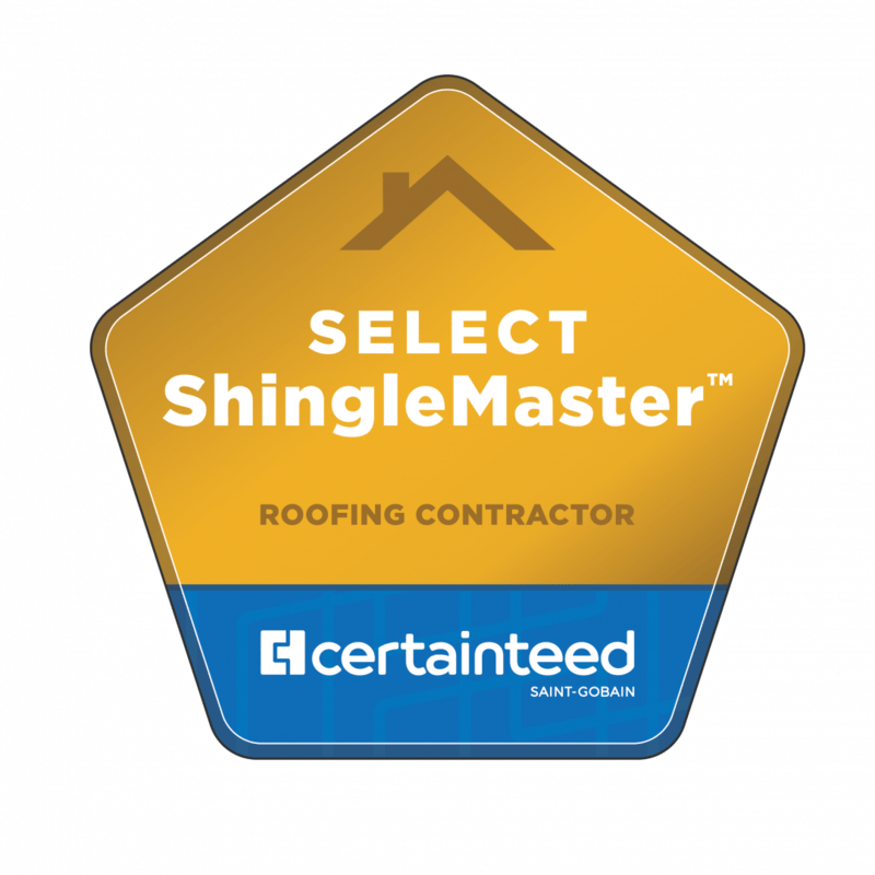 Select ShingleMaster Roofing Contractor badge from CertainTeed. Gold and blue pentagon shape with roof icon.