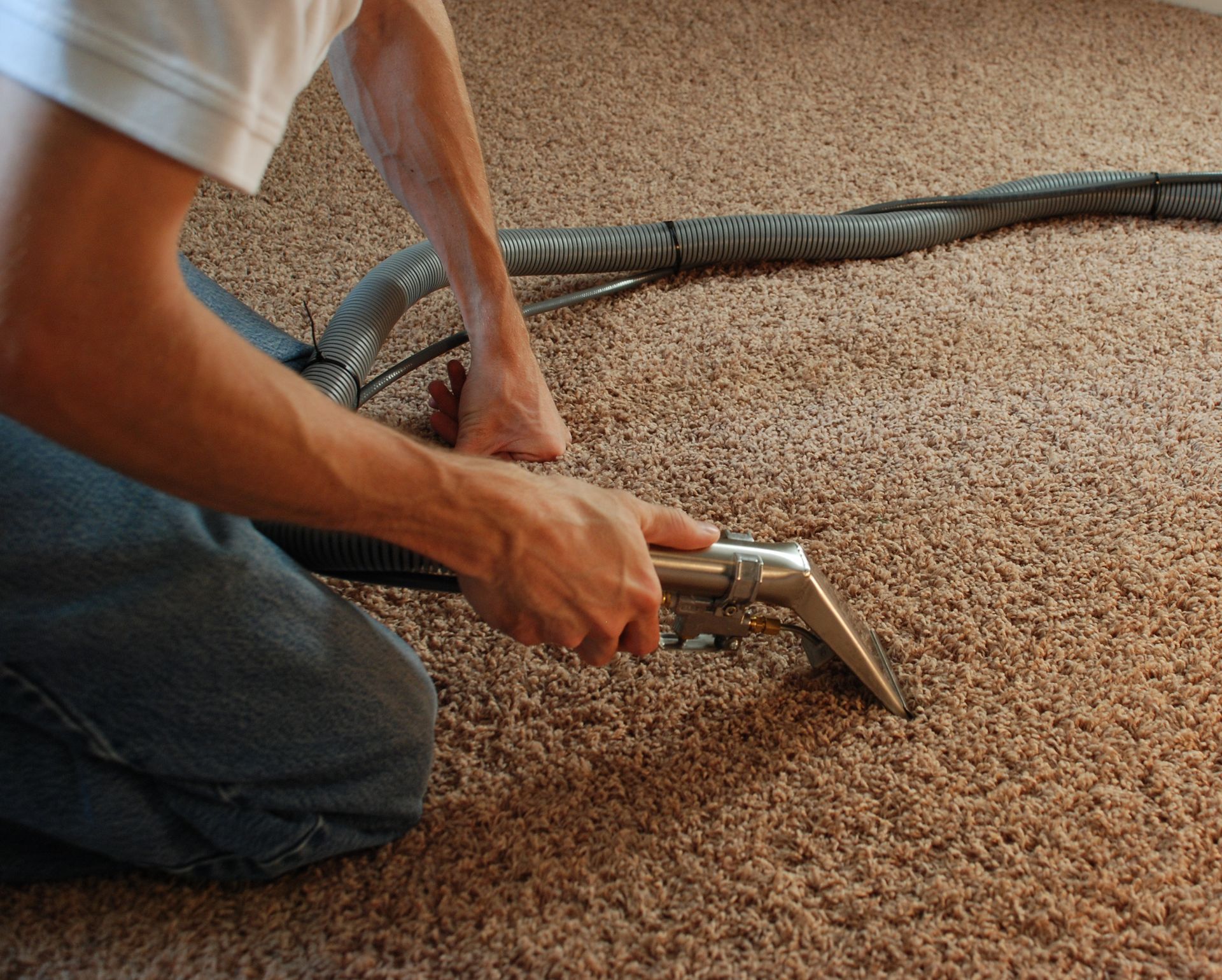 Technician vacuuming carpet, representing expert carpet services for homes.