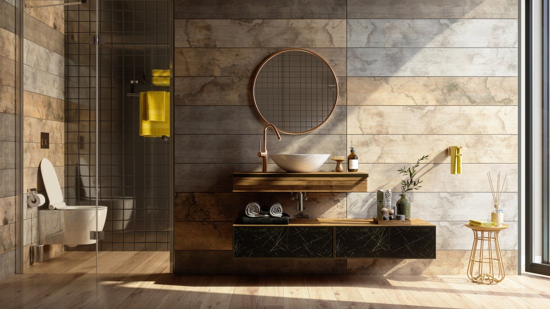 Luxurious bathroom with stone tiles, wooden vanity, gold accents, and a round mirror.