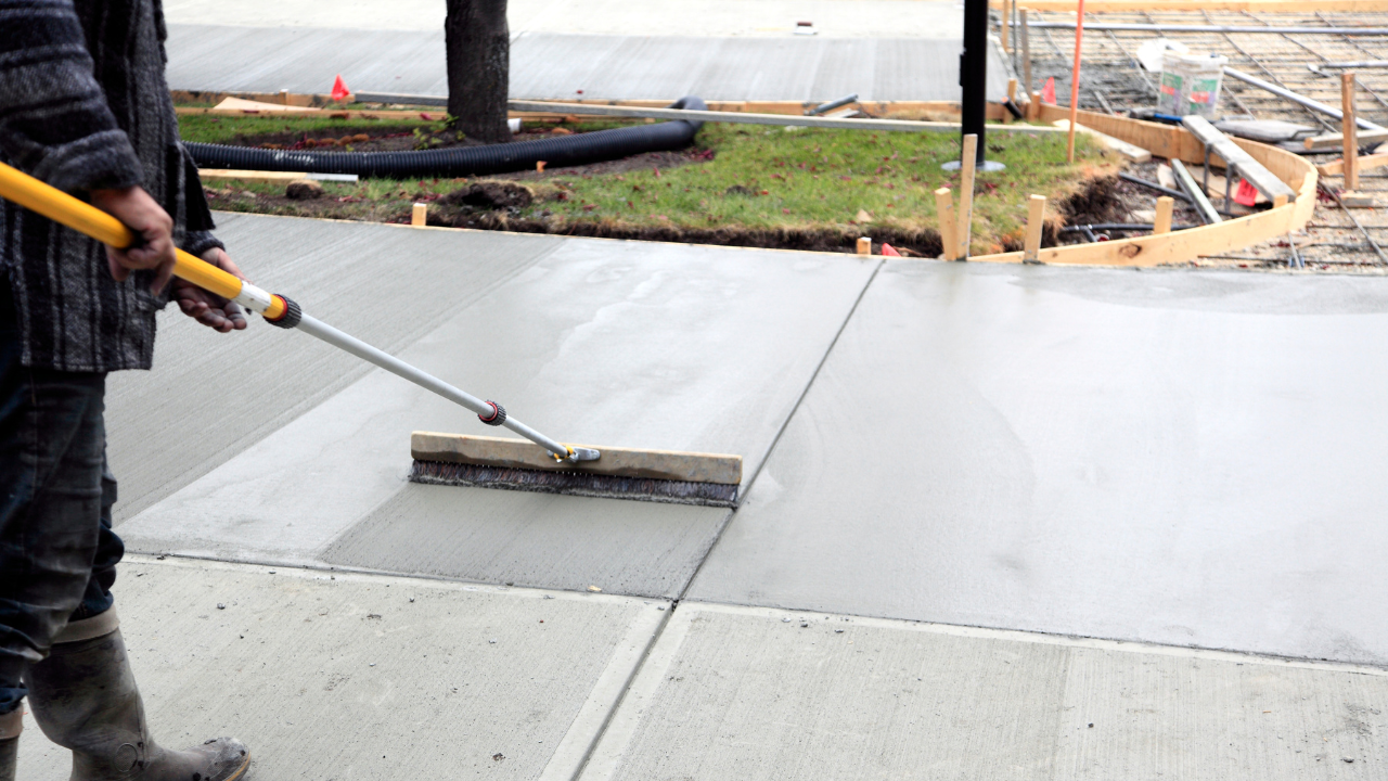 A person smoothing a concrete sidewalk with a squeegee like tool