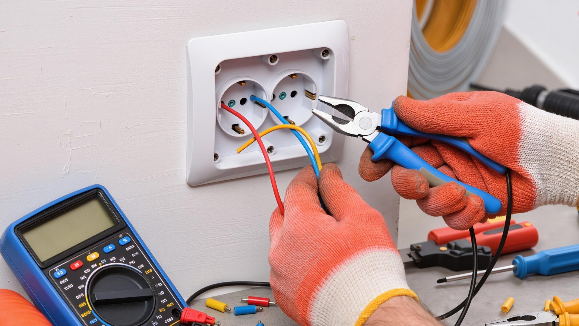 Electrician using pliers to connect colored wires to a wall outlet with tools nearby.