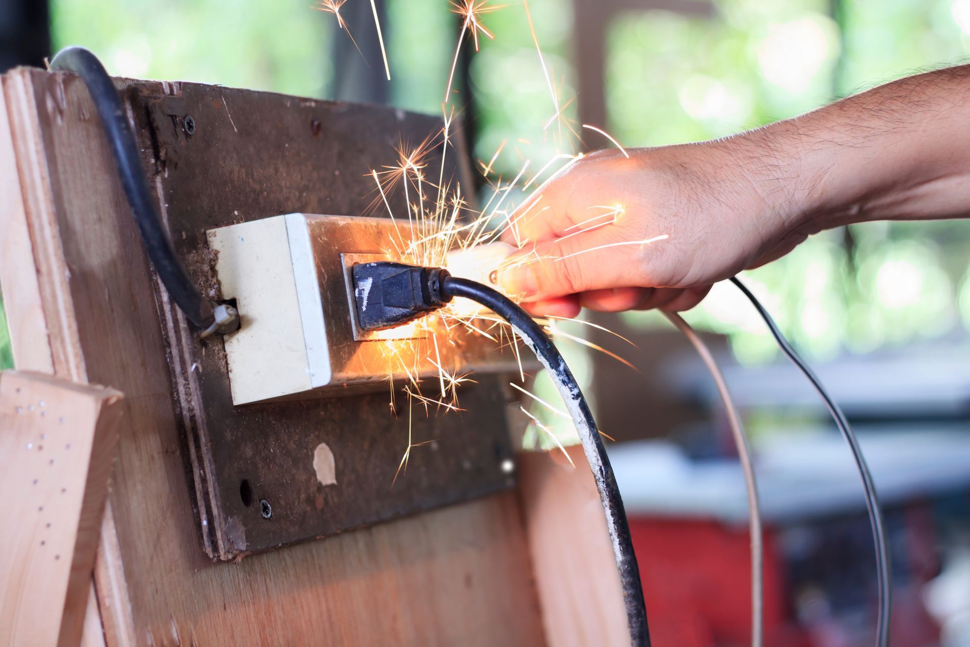 Hand reaching for sparking electrical outlet, potential shock hazard.