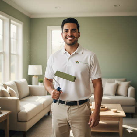 Smiling man in a white polo shirt holds a paint roller in a living room with green walls.