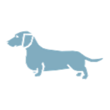 Lichtblauw silhouet van een teckel, naar links kijkend.