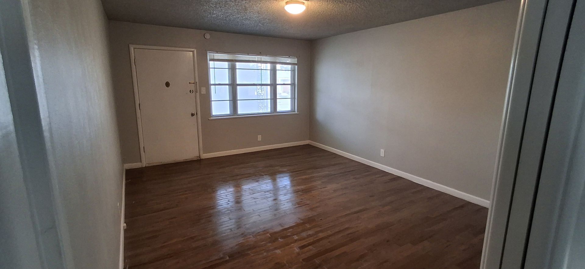 Empty room with hardwood floors, a closed door, and a window.