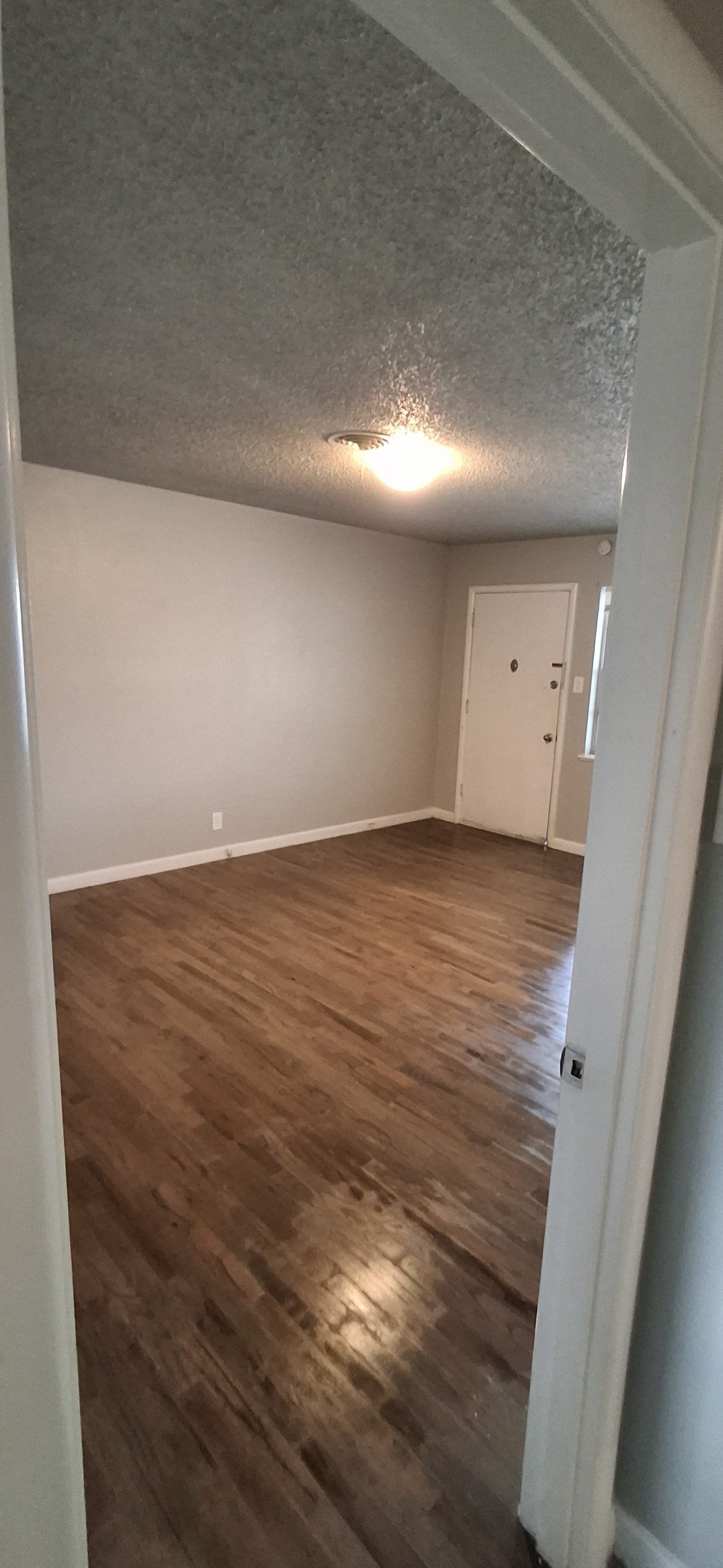 View from doorway into an empty room with hardwood floors, white walls, and a light fixture.