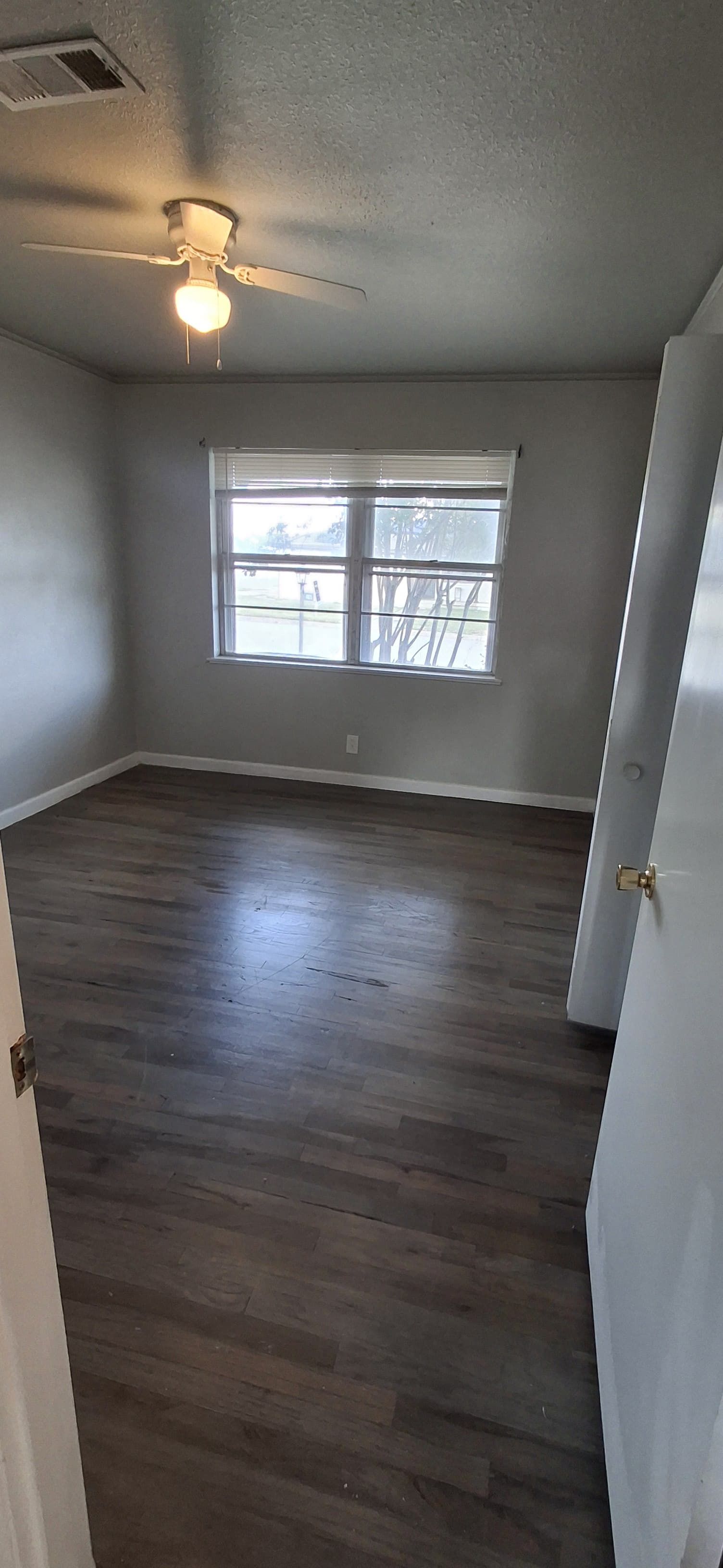 Empty bedroom with wood-look flooring, a window, ceiling fan, and open door. Gray walls and bright lighting.