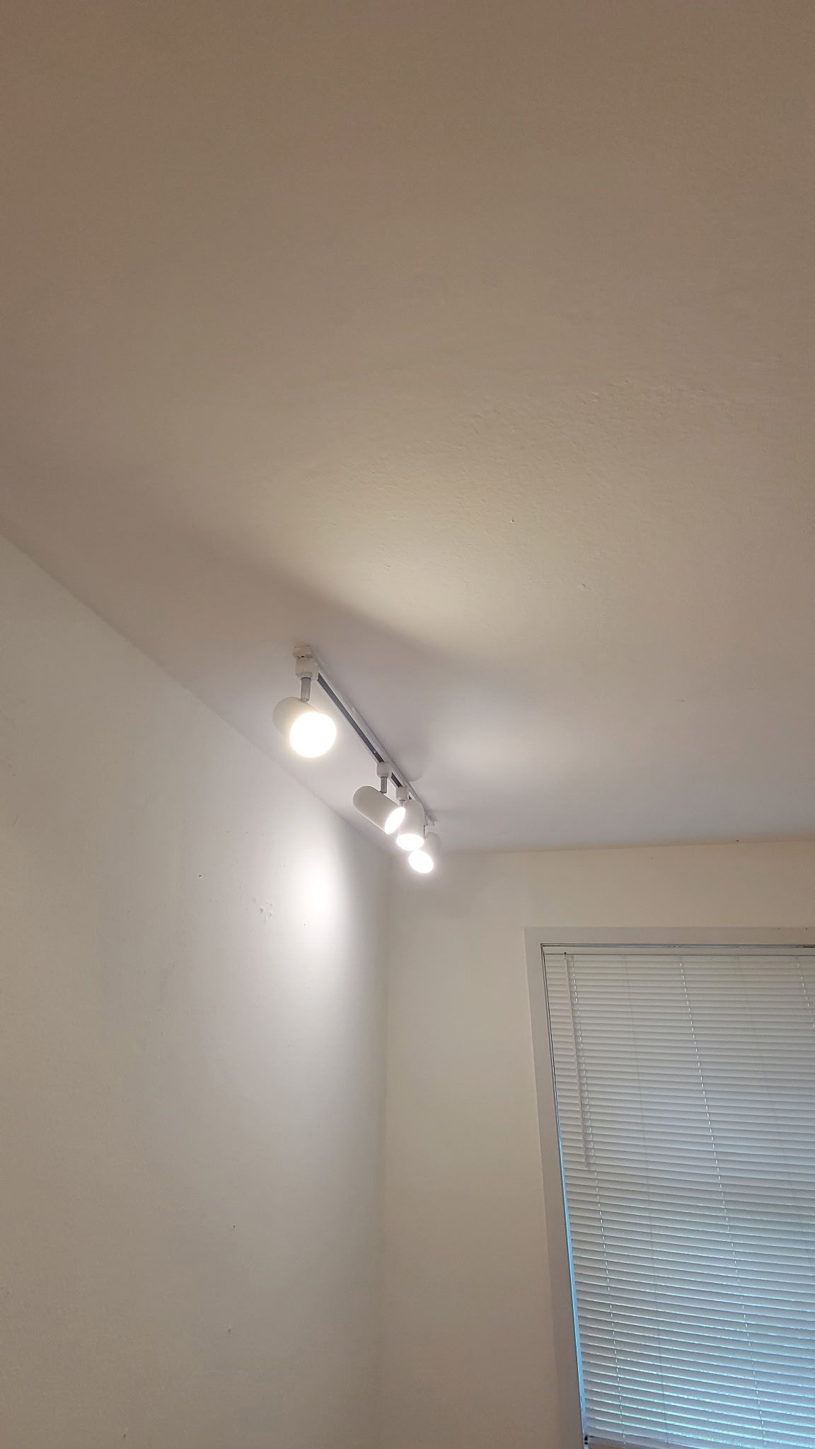 A ceiling-mounted track light with three bulbs illuminates a white wall.