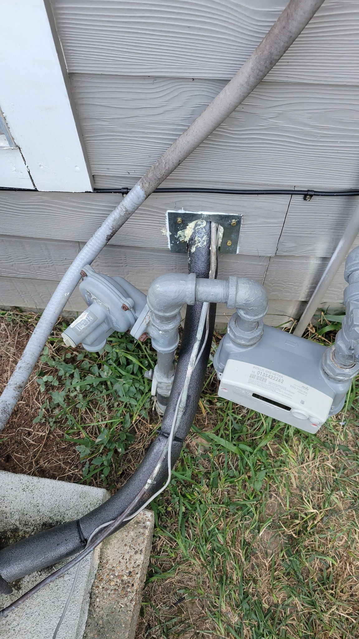 Gas pipes with regulator and meter attached to a building's exterior.