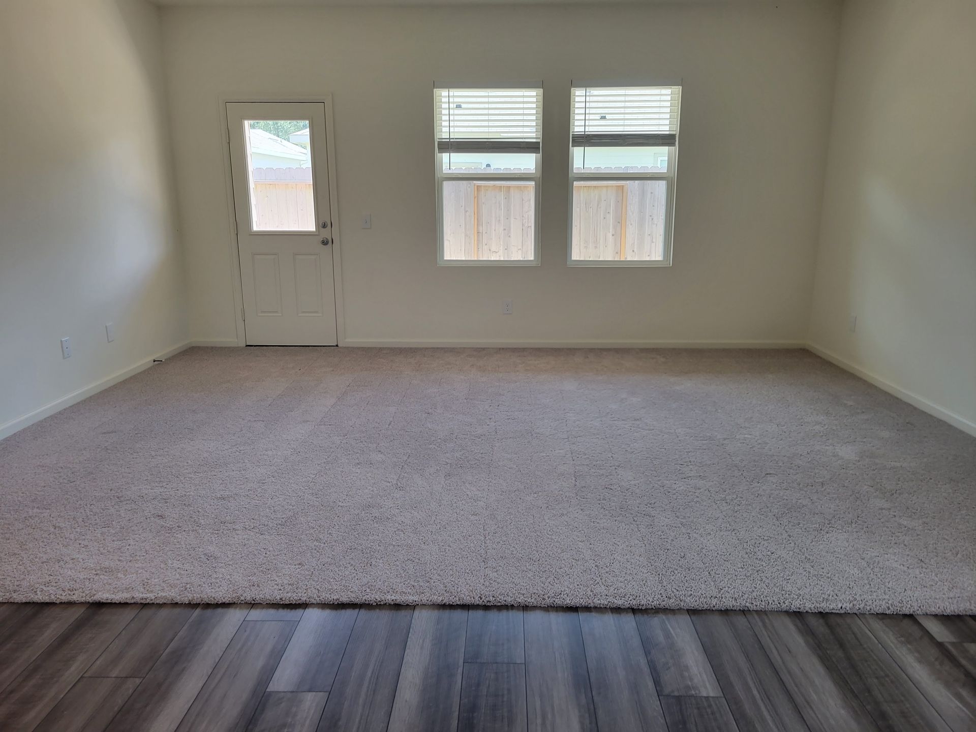 Empty room with light walls, beige carpet, gray wood-look flooring, door, and windows.