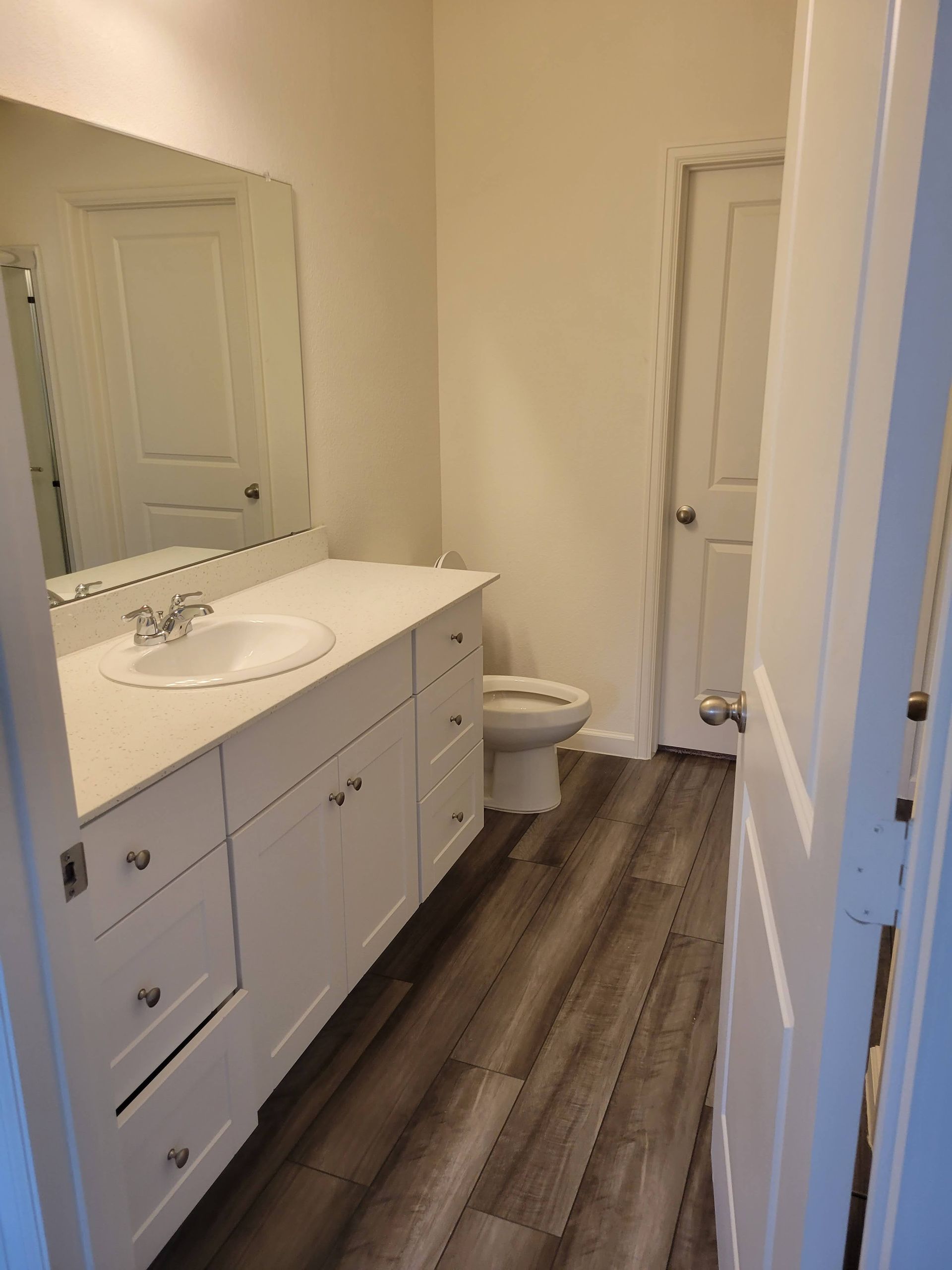 White bathroom with vanity, toilet, mirror, and door, wood-look floor.